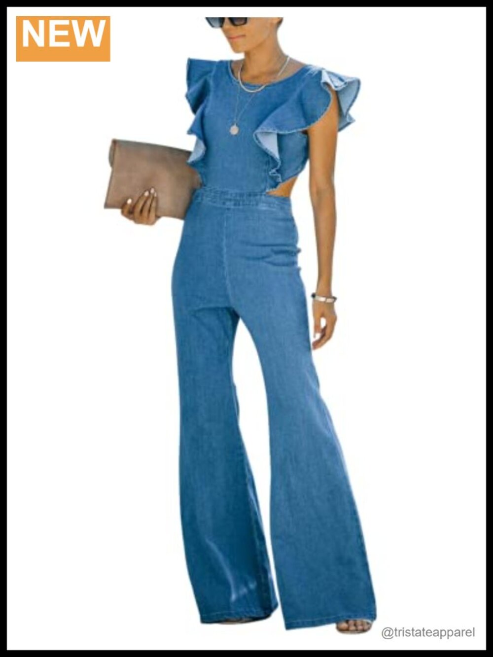 Flared Denim Jumpsuit Backless Stretchy Jean Romper Ruffle Sleeve